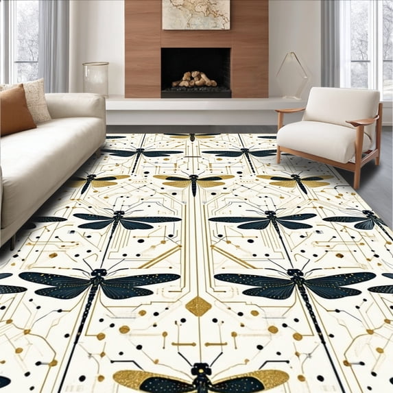 ODIKA 5'x7' Machine Washable Non-Slip Area Rug, Modern Dragonfly High Traffic Rug, Gold, 134280