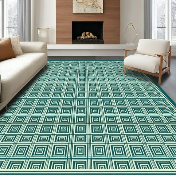 ODIKA 4'x6' Machine Washable Non-Slip Area Rug, Modern Lattice High Traffic Rug, Teal, 135108