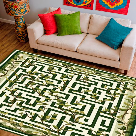 ODIKA 6'x9' Machine Washable Non-Slip Area Rug, Modern Latticework Maze with Botanical Motif and Borders High Traffic Rug, Green, 187019