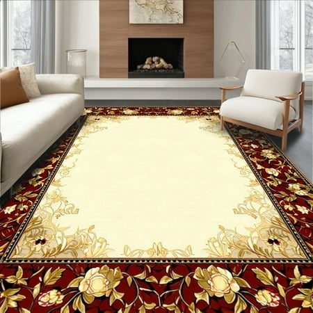 ODIKA 4'x6' Machine Washable Non-Slip Area Rug, Modern Mandarin for High Traffic Rug, Red, 45959