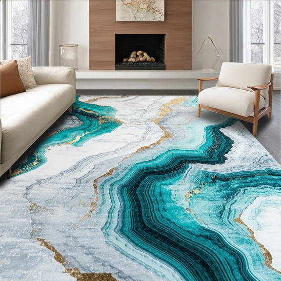 Flatwoven High Traffic Area Rug, Modern Marble Runner Aqua Grey Veined Effect, Non Slip, Stain Resistant, Washable Area Rugs for Living Room, Bedroom(Teal, 2X3)