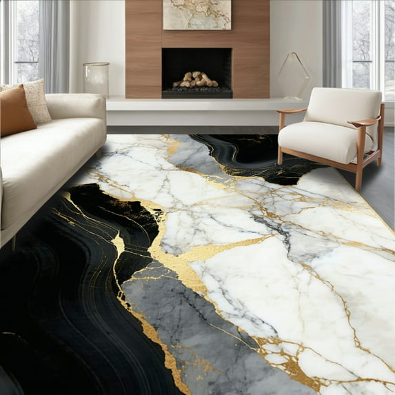 ODIKA 8'x10' Machine Washable Non-Slip Area Rug, Modern Marble Swirl with Bold Abstract Veining and Metallic Highlights High Traffic Rug, Black, 92041