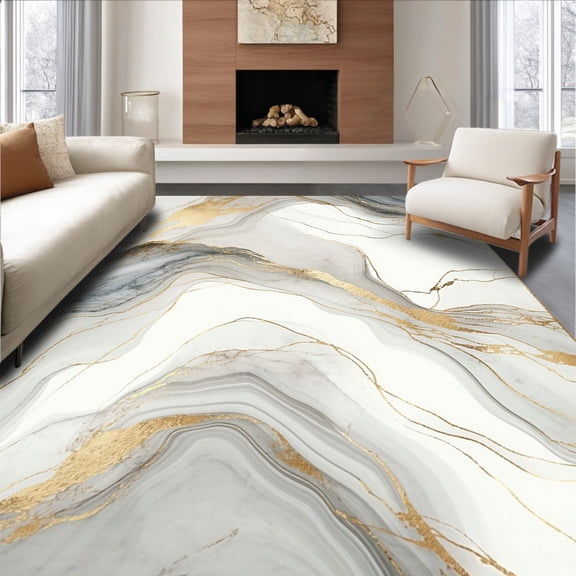 ODIKA 5'x7' Machine Washable Non-Slip Area Rug, Modern Marble Swirl with Subtle Metallic Vein Accents and Fluid Geometry High Traffic Rug, Gray, 135636