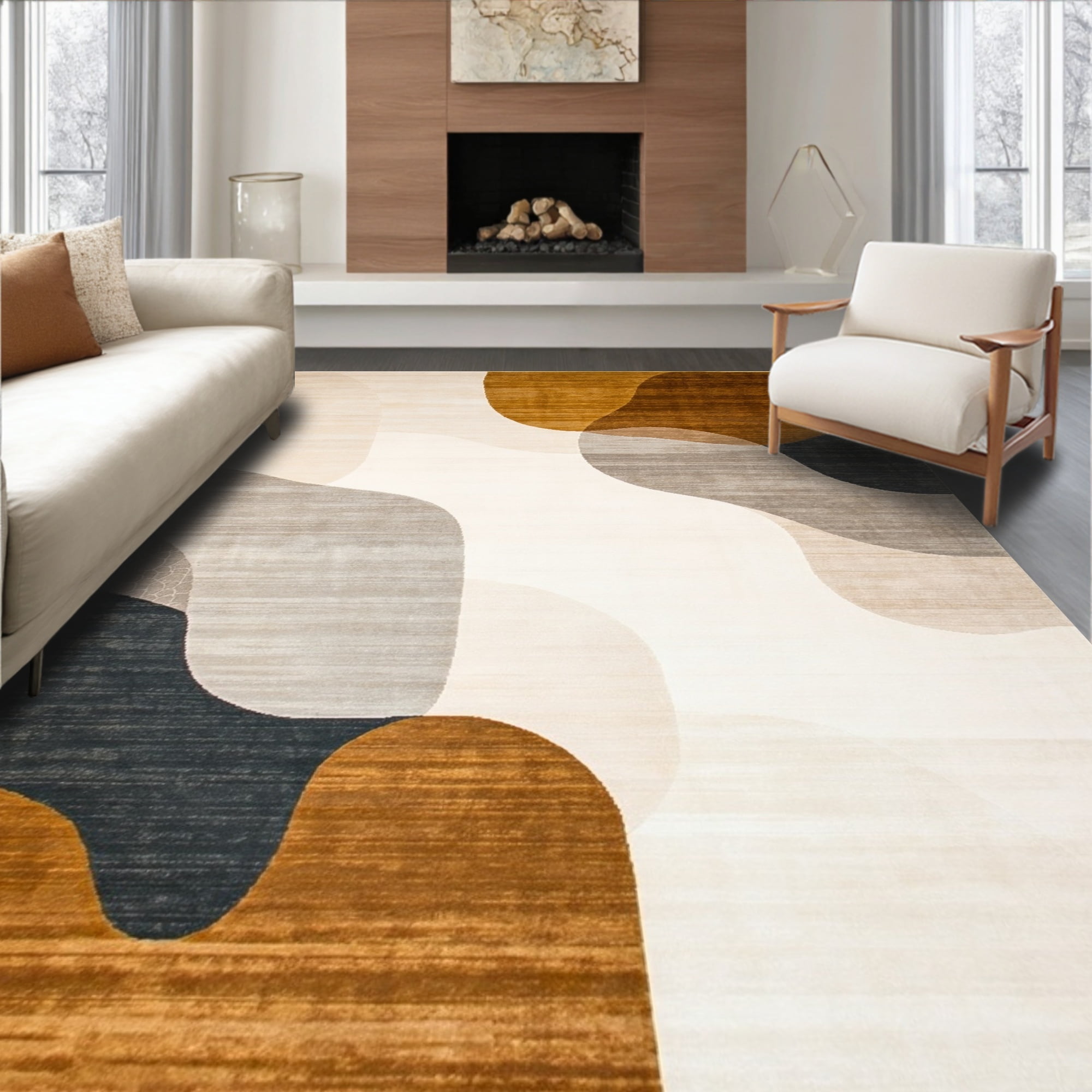 ODIKA 6'x9' Machine Washable Non-Slip Area Rug, Modern Non Slip with Curved Lines and Earthy Neutral Palette High Traffic Rug with Pad, Beige, 52459