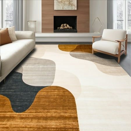 ODIKA 4'x6' Machine Washable Non-Slip Area Rug, Modern Non Slip with Curved Lines and Earthy Neutral Palette High Traffic Rug with Pad, Beige, 52459