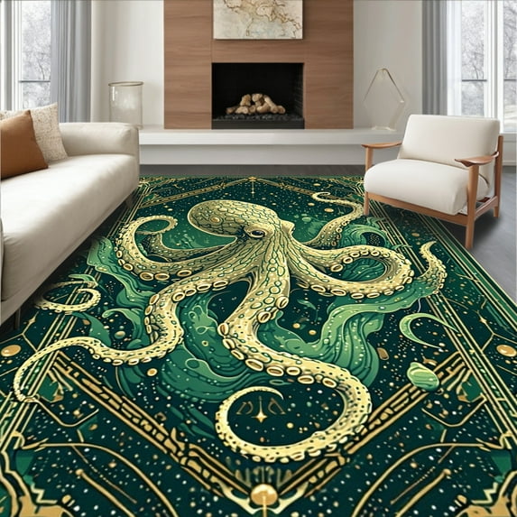 ODIKA 2'x3' Machine Washable Non-Slip Area Rug, Modern Octopus Tentacle High Traffic Rug, Green, 94244