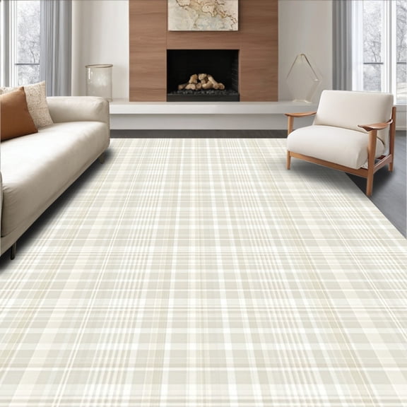 ODIKA 5'x7' Machine Washable Non-Slip Area Rug, Modern Plaid Motif Light Beige Checkerboard Floor High Traffic Rug, Beige, 45163