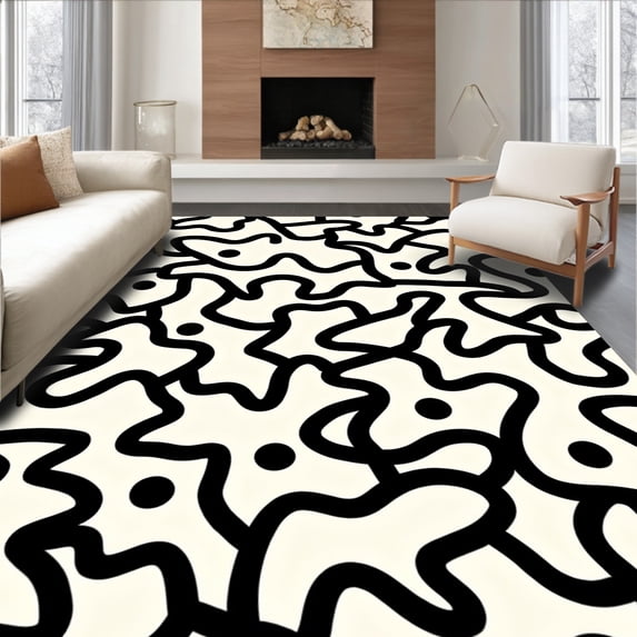 Flatwoven High Traffic Area Rug, Modern Polka Dot Overlay with Freeform Interlocking Design Elements, Non Slip, Stain Resistant, Washable Area Rugs for Living Room, Bedroom(Black, 6X9)