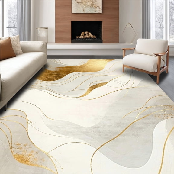 ODIKA 2'x3' Machine Washable Non-Slip Area Rug, Modern Radiant Swirl Design with Abstract Curved Waves and Metallic Accents High Traffic Rug, Gold, 150115