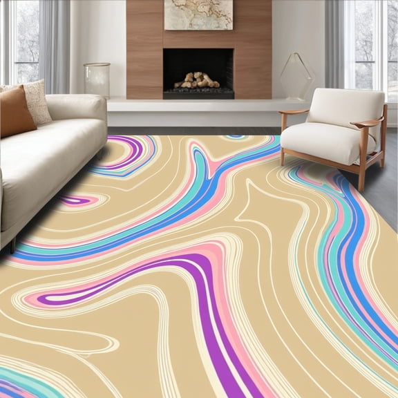 Flatwoven High Traffic Area Rug, Modern Rainbow Tan Stripe Wave Accent, Non Slip, Stain Resistant, Washable Area Rugs for Living Room, Bedroom(Beige, 2X3)