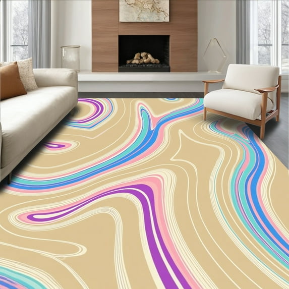 ODIKA 8'x10' Machine Washable Non-Slip Area Rug, Modern Tan Stripe Wave Accent High Traffic Rug, Beige, 391703
