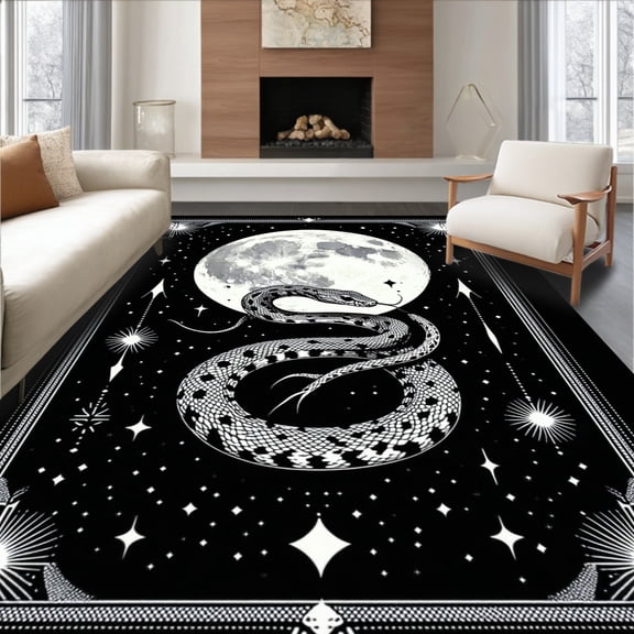 ODIKA 4'x6' Machine Washable Non-Slip Area Rug, Modern Rock Snake with Spotted Body and Moon Stars High Traffic Rug, Black, 91010