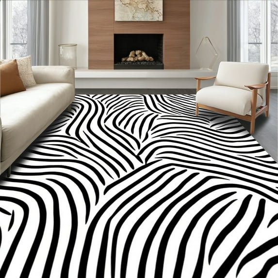 ODIKA 8'x10' Machine Washable Non-Slip Area Rug, Modern Safari Stripe with Artistic Animal Inspired Details High Traffic Rug, Black, 312803