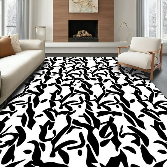 ODIKA 8' Machine Washable Non-Slip Area Rug, Modern Speckled Hide Abstract Spots Design High Traffic Rug, Black, 308558