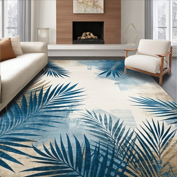 ODIKA 5'x7' Machine Washable Non-Slip Area Rug, Modern Tropical Leaf in Grey Beige Tones High Traffic Rug, Blue, 49073
