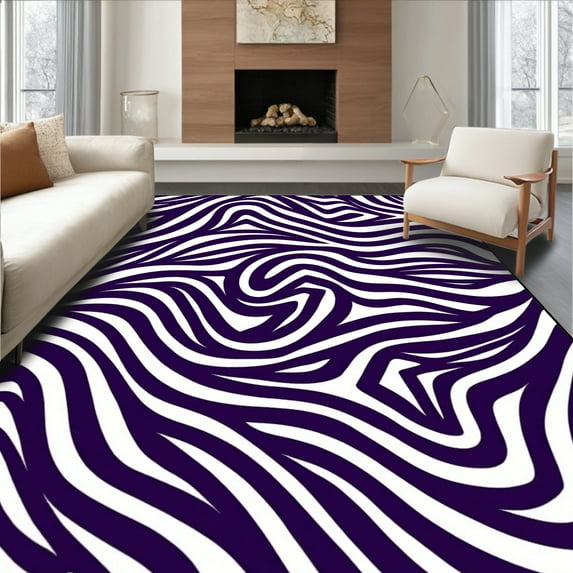 ODIKA 2'x3' Machine Washable Non-Slip Area Rug, Modern Zebra Inspired Striped Maze with Contrasting Artistic High Traffic Rug, Purple, 299964