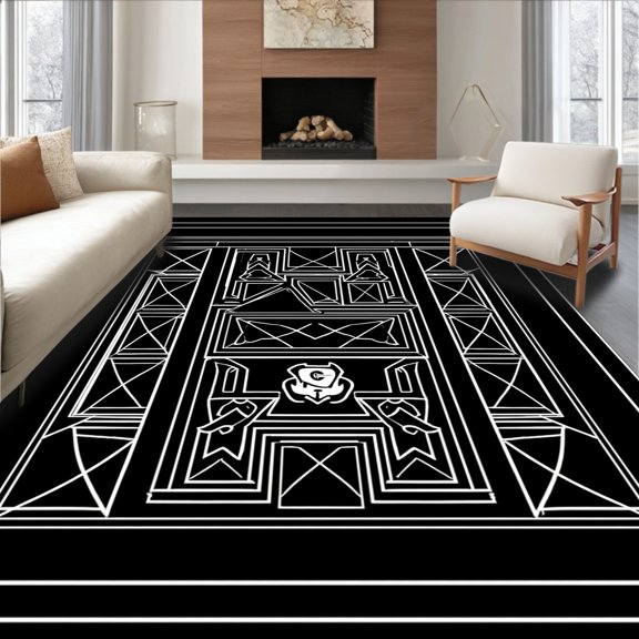 Flatwoven High Traffic Area Rug, Monochrome Geometric with Logo Style, Non Slip, Stain Resistant, Washable Area Rugs for Living Room, Bedroom(Black, 2X3)