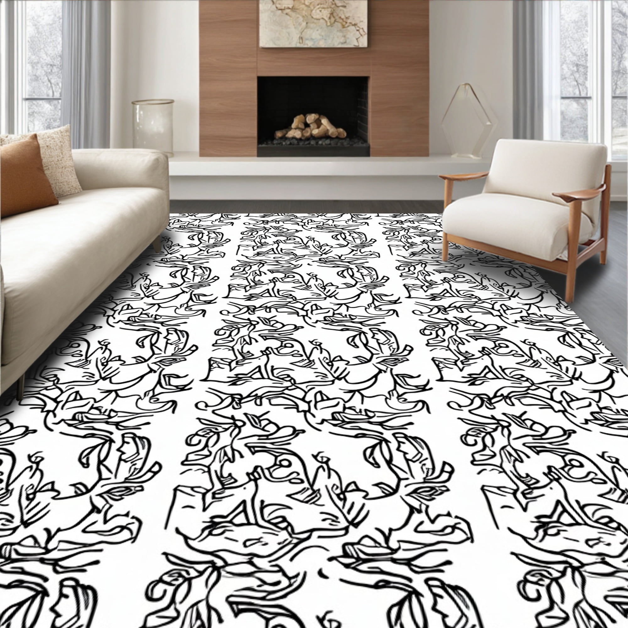 Flatwoven High Traffic Area Rug, Monochrome Jungle Inspired with Exotic ...