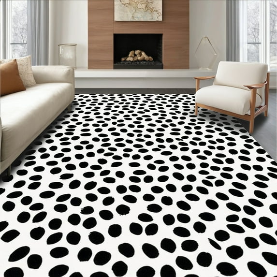 ODIKA 8'x10' Machine Washable Non-Slip Area Rug, Monochrome Spotted Motif with Abstract Dalmatian Influence High Traffic Rug, Black, 288255