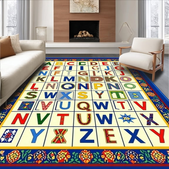 Flatwoven High Traffic Area Rug, Monogrammed Alphabet Learning Grid With First Letter Emphasis, Non Slip, Stain Resistant, Washable Area Rugs for Living Room, Bedroom(Red, 2X3)