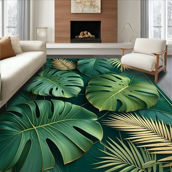 ODIKA 4'x6' Machine Washable Non-Slip Area Rug, Monstera Jungle Abstract with Large Scale Plant Inspired Graphics High Traffic Rug, Green, 149875