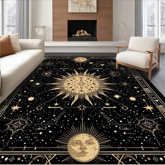 ODIKA 4'x6' Machine Washable Non-Slip Area Rug, Moonlit Abstract Gothic Aesthetic High Traffic Rug, Gold, 35311