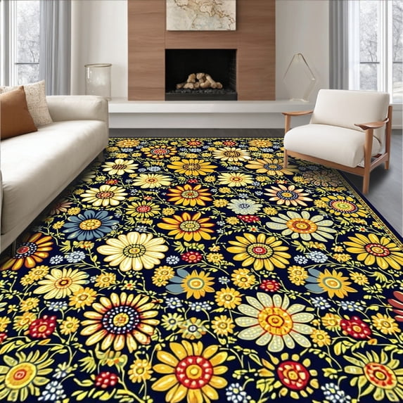 ODIKA 4'x6' Machine Washable Non-Slip Area Rug, Multi Color Circular Floral Design with Modern Appeal High Traffic Rug, Blue, 95405