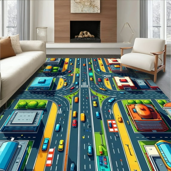 ODIKA 2'x3' Machine Washable Non-Slip Area Rug, Multicolor Road Playmat for Learning Space High Traffic Rug, Red, 1924