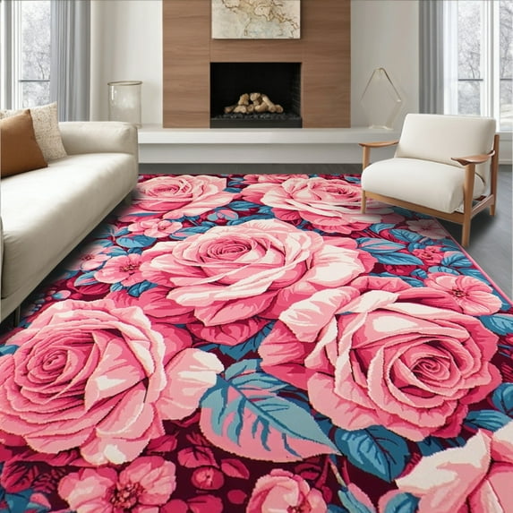 ODIKA 6'x9' Machine Washable Non-Slip Area Rug, Multihued Rose Blossom with Bright Floral and Leafy Botanical High Traffic Rug, Pink, 61728
