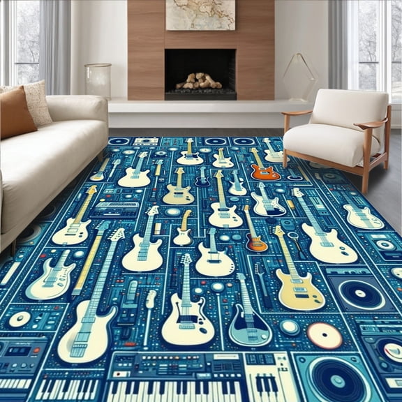 ODIKA 4'x6' Machine Washable Non-Slip Area Rug, Musical Instrument Themed Guitar Record Player High Traffic Rug, Blue, 86840