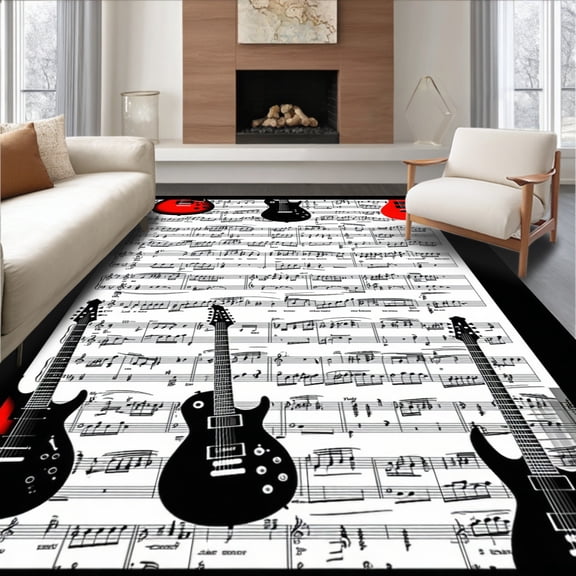 ODIKA 5'x7' Machine Washable Non-Slip Area Rug, Musical Notes and Guitar Black High Traffic Rug, Black, 86841