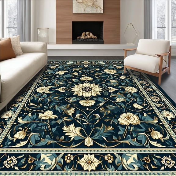 ODIKA 4'x6' Machine Washable Non-Slip Area Rug, Mystic Garden Non Slip With Easy Clean Surface High Traffic Rug, Blue, 84300