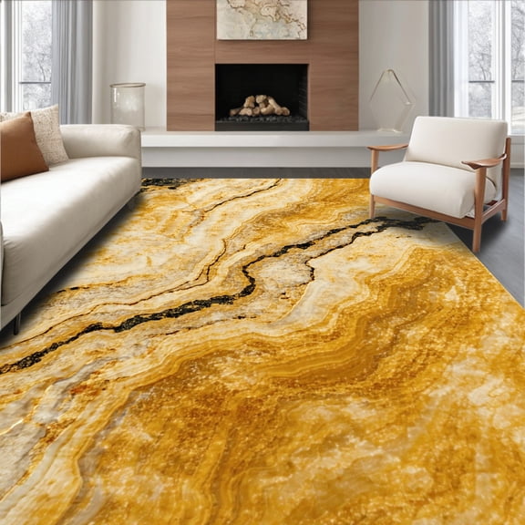 ODIKA 4'x6' Machine Washable Non-Slip Area Rug, Mystic Glimmer Black Gold Yellow Stone Effect High Traffic Rug, Gold, 83168