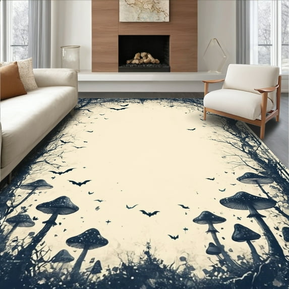 ODIKA 4'x6' Machine Washable Non-Slip Area Rug, Mystic Mushroom Witchy Enchanted Bat Motif with Boho Graphic Accents High Traffic Rug, Black, 39611