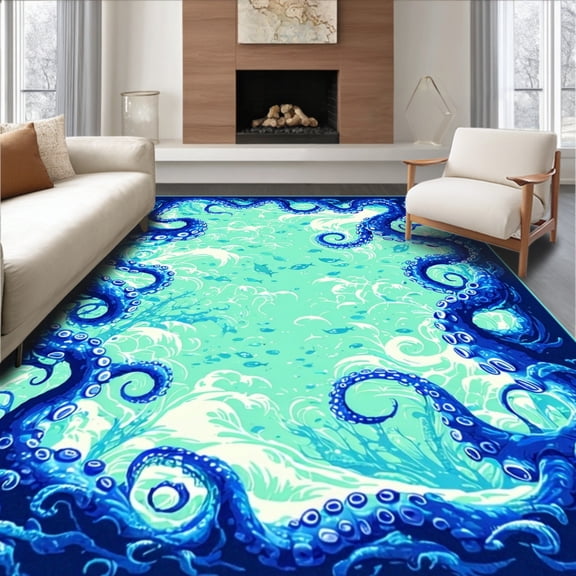 ODIKA 4'x6' Machine Washable Non-Slip Area Rug, Mystic Octopus Featuring Twisting Sea Tentacles High Traffic Rug, Blue, 59812