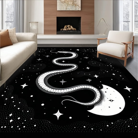 ODIKA 4'x6' Machine Washable Non-Slip Area Rug, Mystic Serpent with Celestial Motifs and Stardust Accents High Traffic Rug, Black, 91011