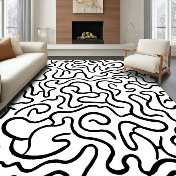 ODIKA 8'x8' Machine Washable Non-Slip Area Rug, Mystic Serpent Interlocking High Traffic Rug, Black, 294723