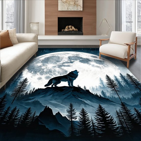 Flatwoven High Traffic Area Rug, Mystic Wolf Spirit Area Rug Howling Canid Accent Carpet in Grayscale Hues, Non Slip, Stain Resistant, Washable Area Rugs for Living Room, Bedroom(Gray, 2X3)