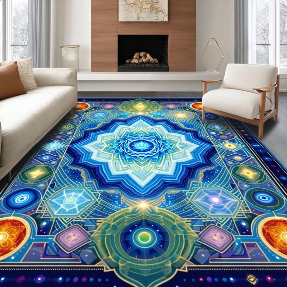 Flatwoven High Traffic Area Rug, Mystical Chakra Stone Printed Circular Throw Rug, Non Slip, Stain Resistant, Washable Area Rugs for Living Room, Bedroom(Blue, 2X3)
