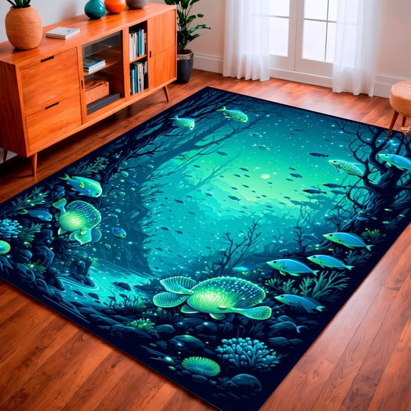 ODIKA 8'x10' Machine Washable Non-Slip Area Rug, Mystical Deep Sea Creature Bioluminescent Ocean Floor Motif High Traffic Rug, Blue, 141462