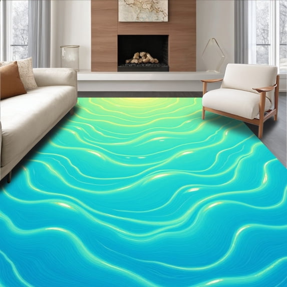 ODIKA 6'x9' Machine Washable Non-Slip Area Rug, Mystical Mermaid Scale Ombre Wave High Traffic Rug, Blue, 395592