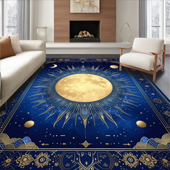 ODIKA 5'x7' Machine Washable Non-Slip Area Rug, Mystical Moon High Traffic Rug, Blue, 26698
