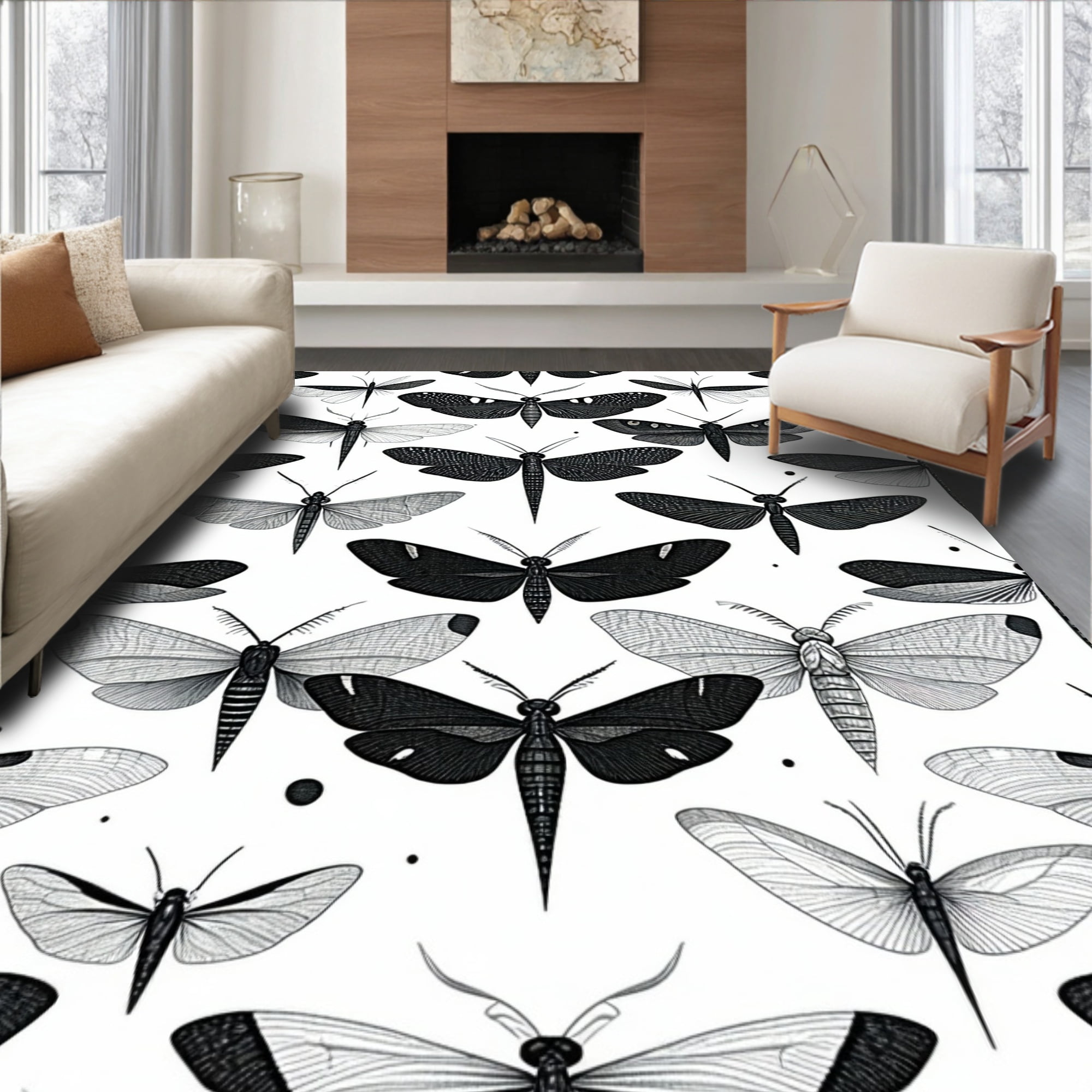 Flatwoven High Traffic Area Rug, Mystical Moth Art With Elegant Insect ...
