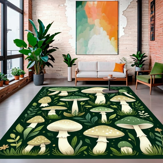 ODIKA 5'x7' Machine Washable Non-Slip Area Rug, Mystical Mushroom Decorative Floor Covering High Traffic Rug, Green, 278418