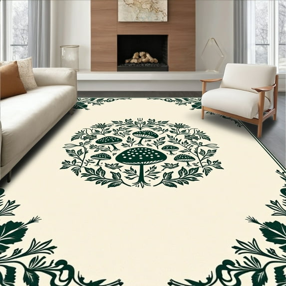 ODIKA 6'x9' Machine Washable Non-Slip Area Rug, Mystical Mushroom Medallion with Intertwined Botanical Flourishes High Traffic Rug, Ivory, 293417