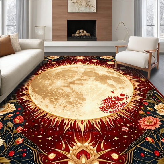 ODIKA 4'x6' Machine Washable Non-Slip Area Rug, Mystical Sun and Moon High Traffic Rug, Red, 83234
