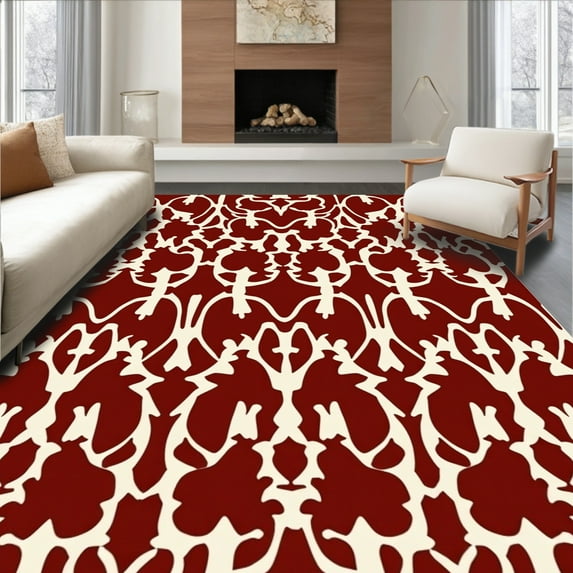 ODIKA 8'x10' Machine Washable Non-Slip Area Rug, Natural Cowhide Inspired High Traffic Rug, Maroon, 304956