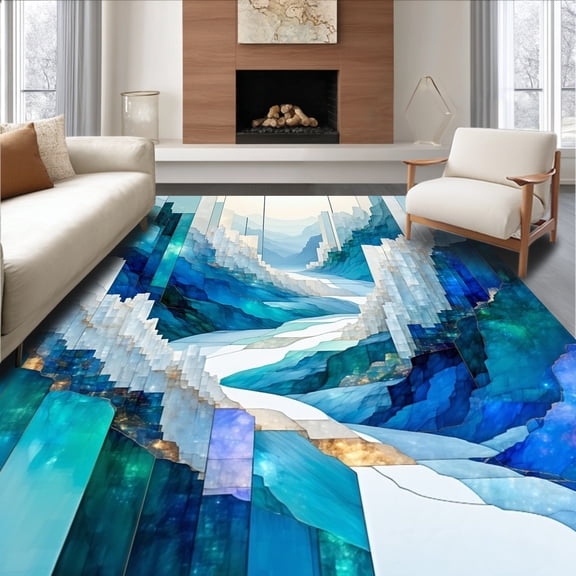 ODIKA 4'x6' Machine Washable Non-Slip Area Rug, Natural Sheepskin Arctic Ice Flow Design Unique Floor Accent High Traffic Rug, Blue, 145162