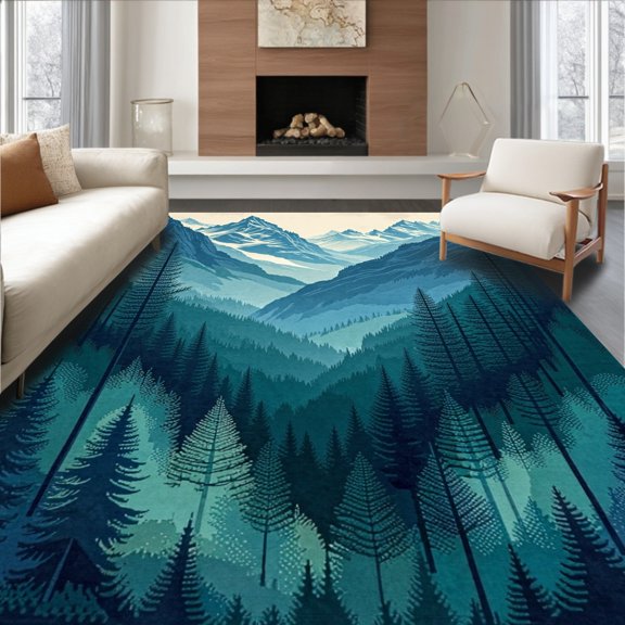 Flatwoven High Traffic Area Rug, Nature Inspired Teal Forest Theme, Non Slip, Stain Resistant, Washable Area Rugs for Living Room, Bedroom(Blue, 4X6)