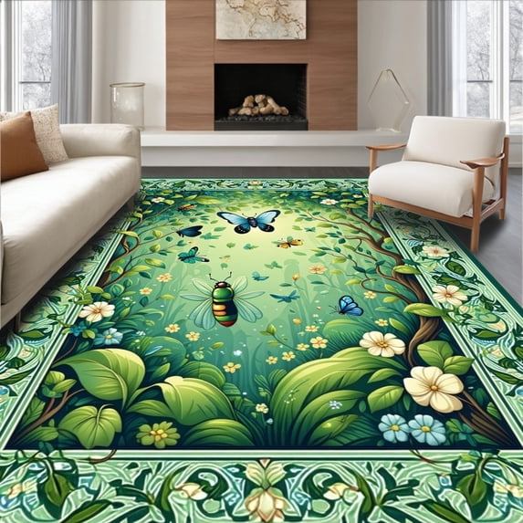 Flatwoven High Traffic Area Rug, Nature s Symphony Emerald Insect Harmony, Non Slip, Stain Resistant, Washable Area Rugs for Living Room, Bedroom(Green, 2X3)